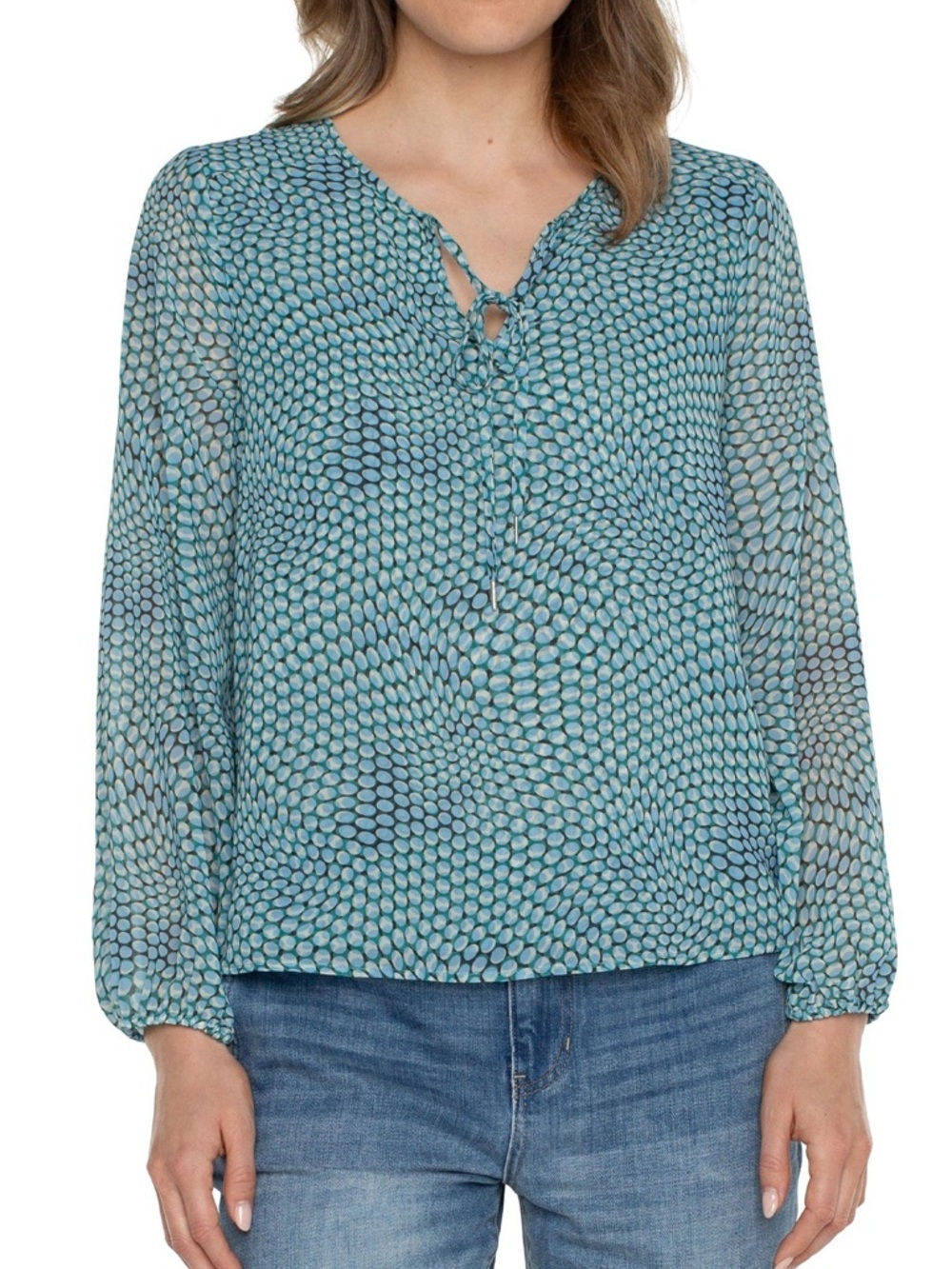 Liverpool Teal Printed Long-Sleeve Tie-Front Blouse